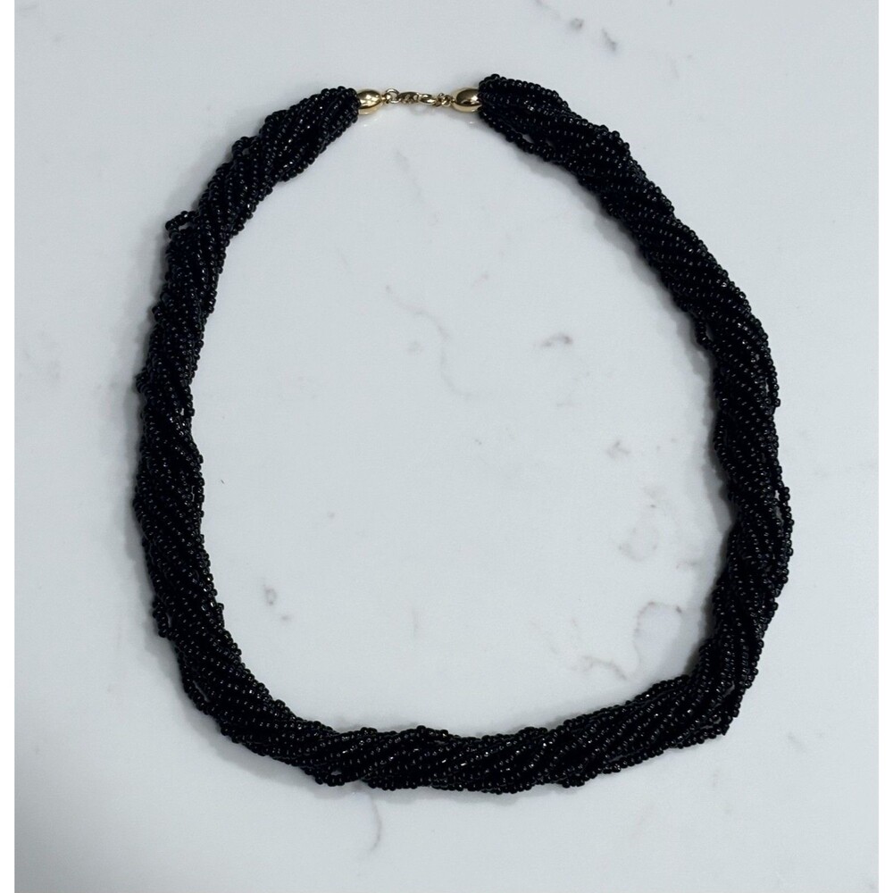 Vintage Trifari Necklace Black Glass Seed Bead Multi Strand Gold Tone 24"